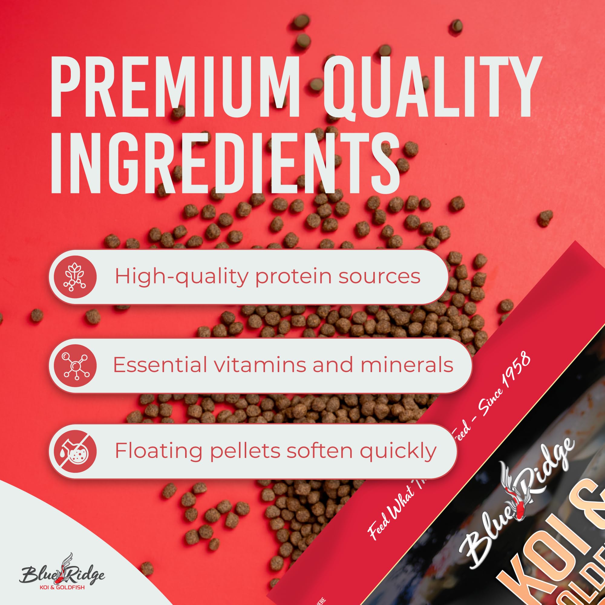Blue Ridge Koi Food – mélange vitaminé et minéral pour soutenir la résistance au stress.