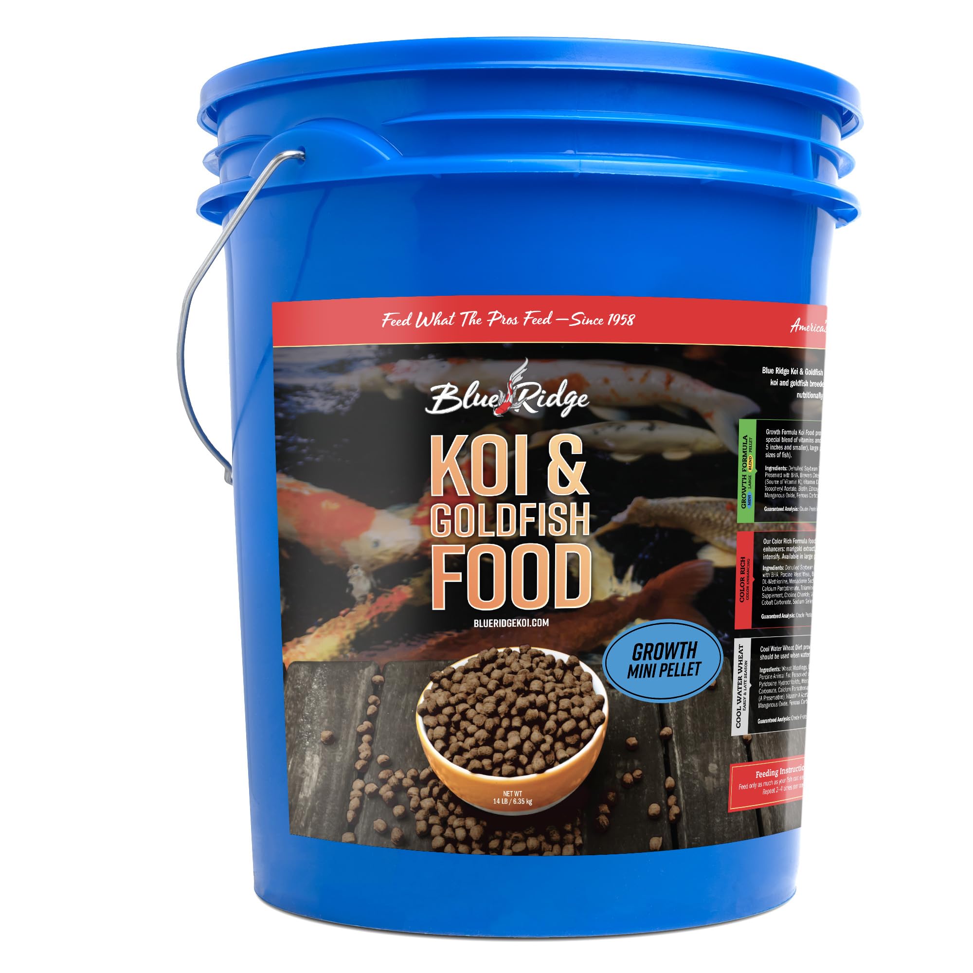 Blue Ridge Koi Food, sac de pellets flottants pour bassin, alimentation quotidienne.