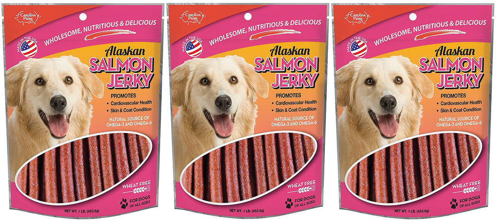 Blue Ridge Naturals coffret triple saumon Alaska jerky, récompense savoureuse pour chien.