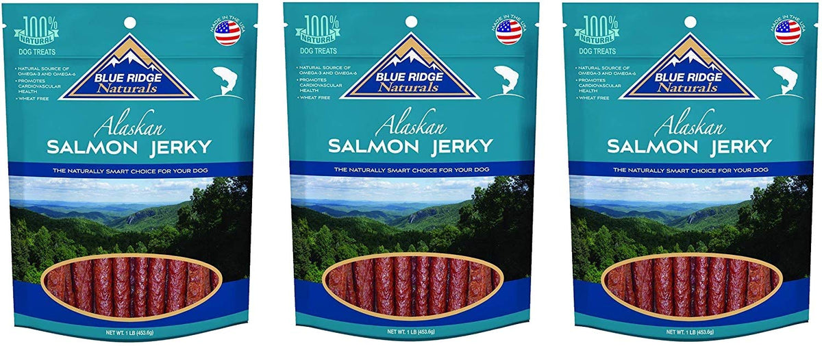 Blue Ridge Naturals emballage saumon jerky, friandise riche en oméga pour chiens.