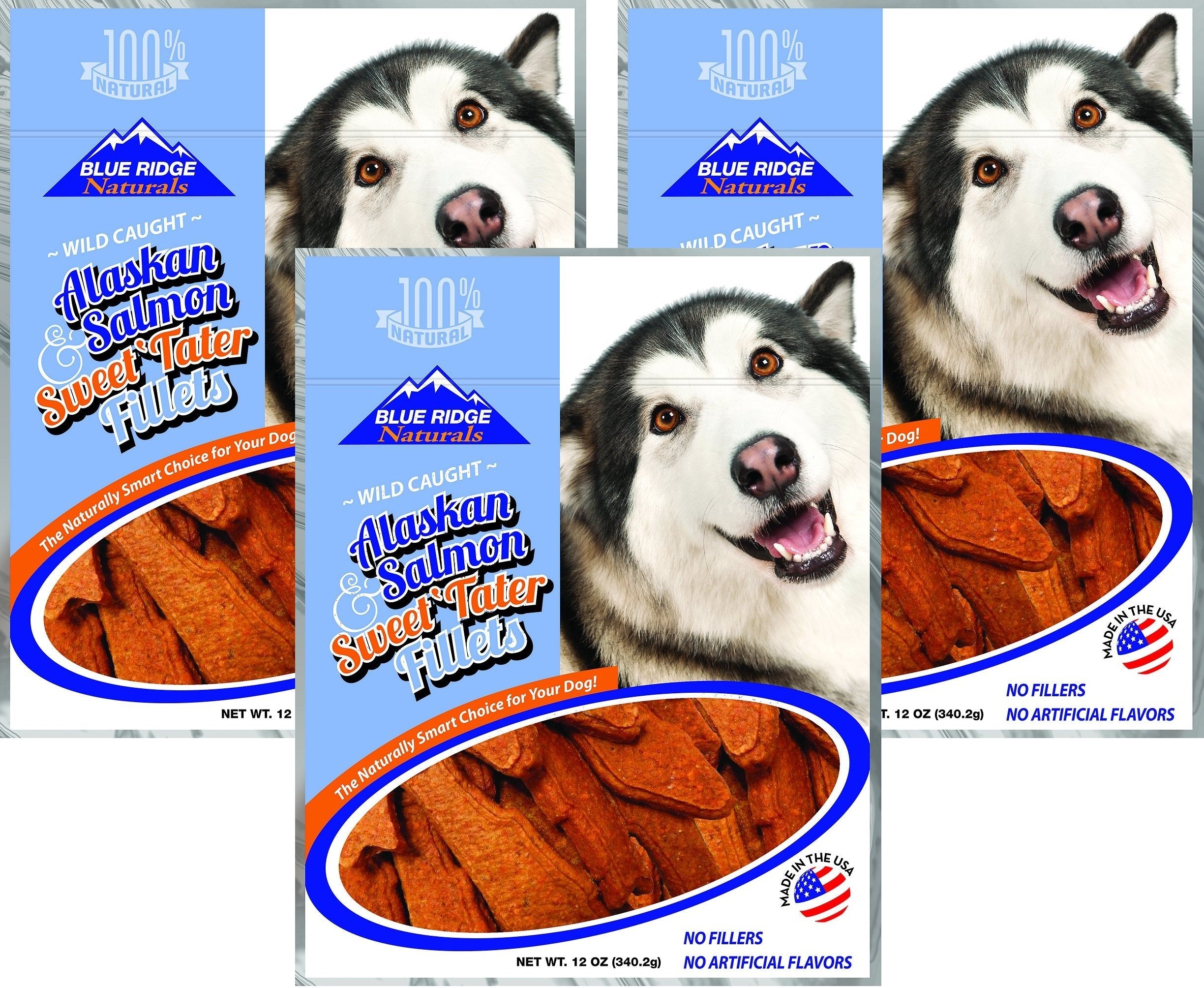 Blue Ridge Naturals filets saumon et patate douce, friandise saine pour le pelage du chien.