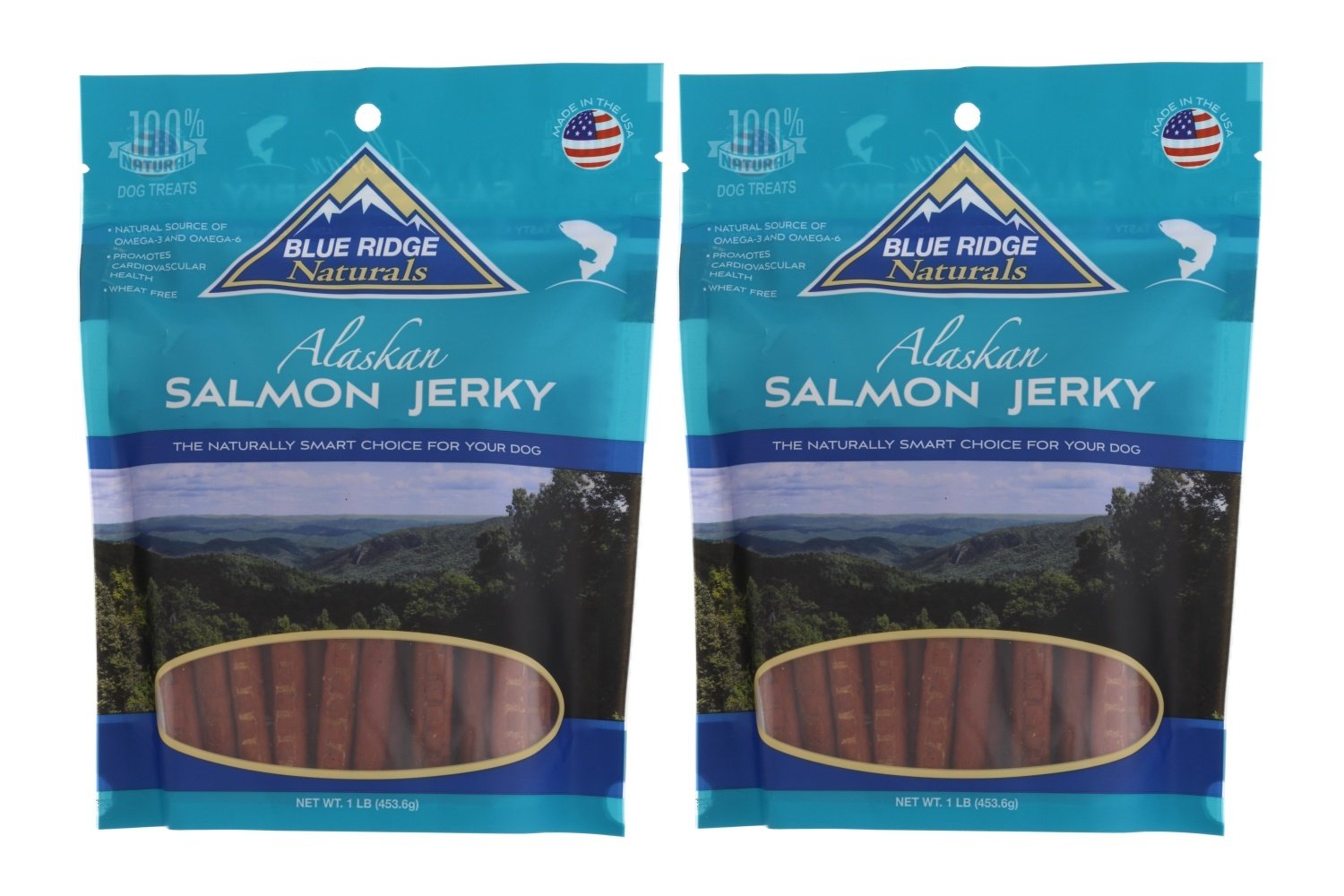 Blue Ridge Naturals jerky saumon d'Alaska, texture tendre et bénéfique pour le pelage.