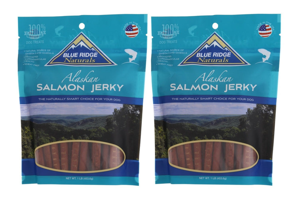 Blue Ridge Naturals jerky saumon d'Alaska, texture tendre et bénéfique pour le pelage.