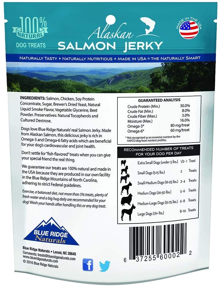 Blue Ridge Naturals texture saumon jerky, friandise croustillante idéale pour chiens actifs.