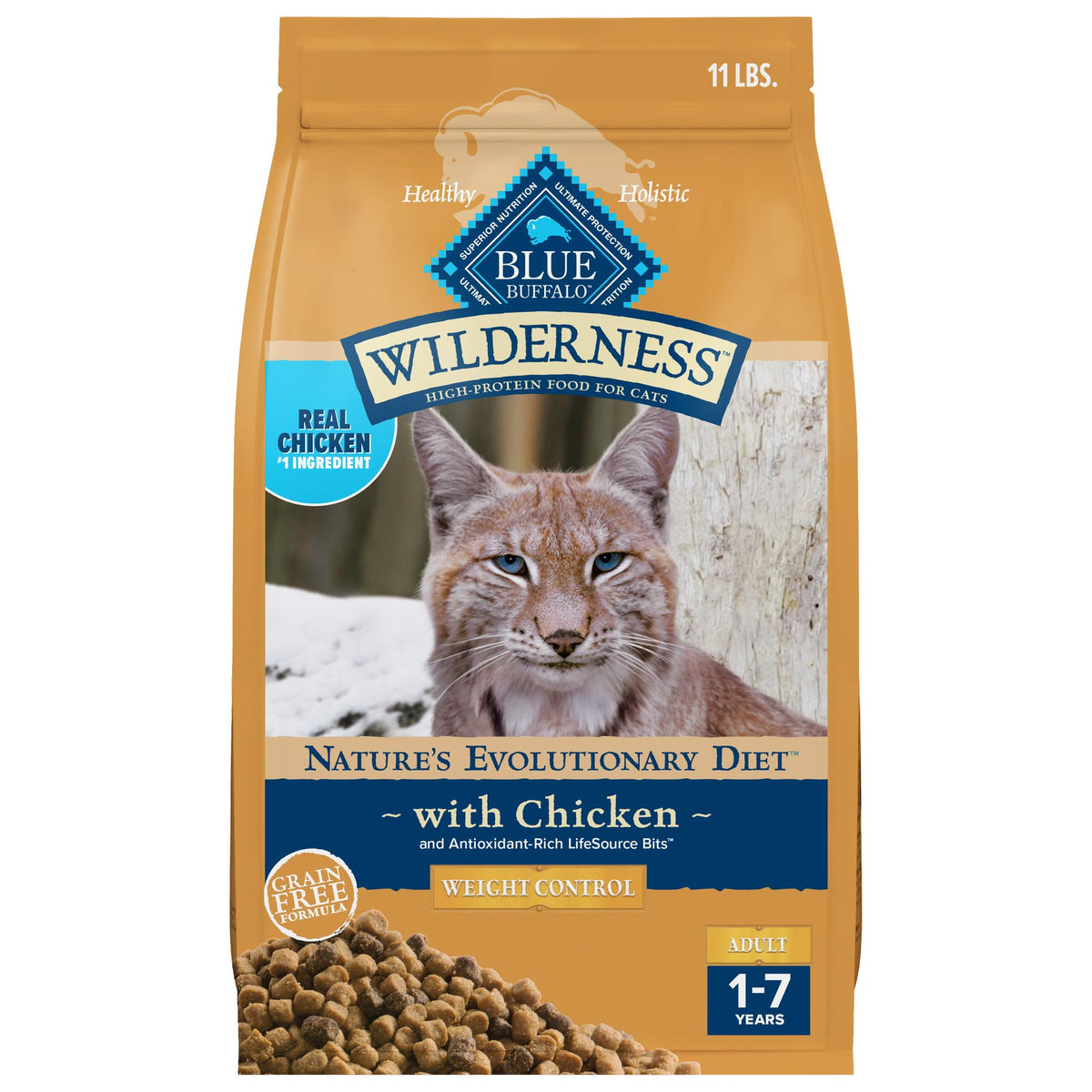 BLUE WILDERNESS Chat sec au poulet, premier ingrédient pour des protéines élevées.