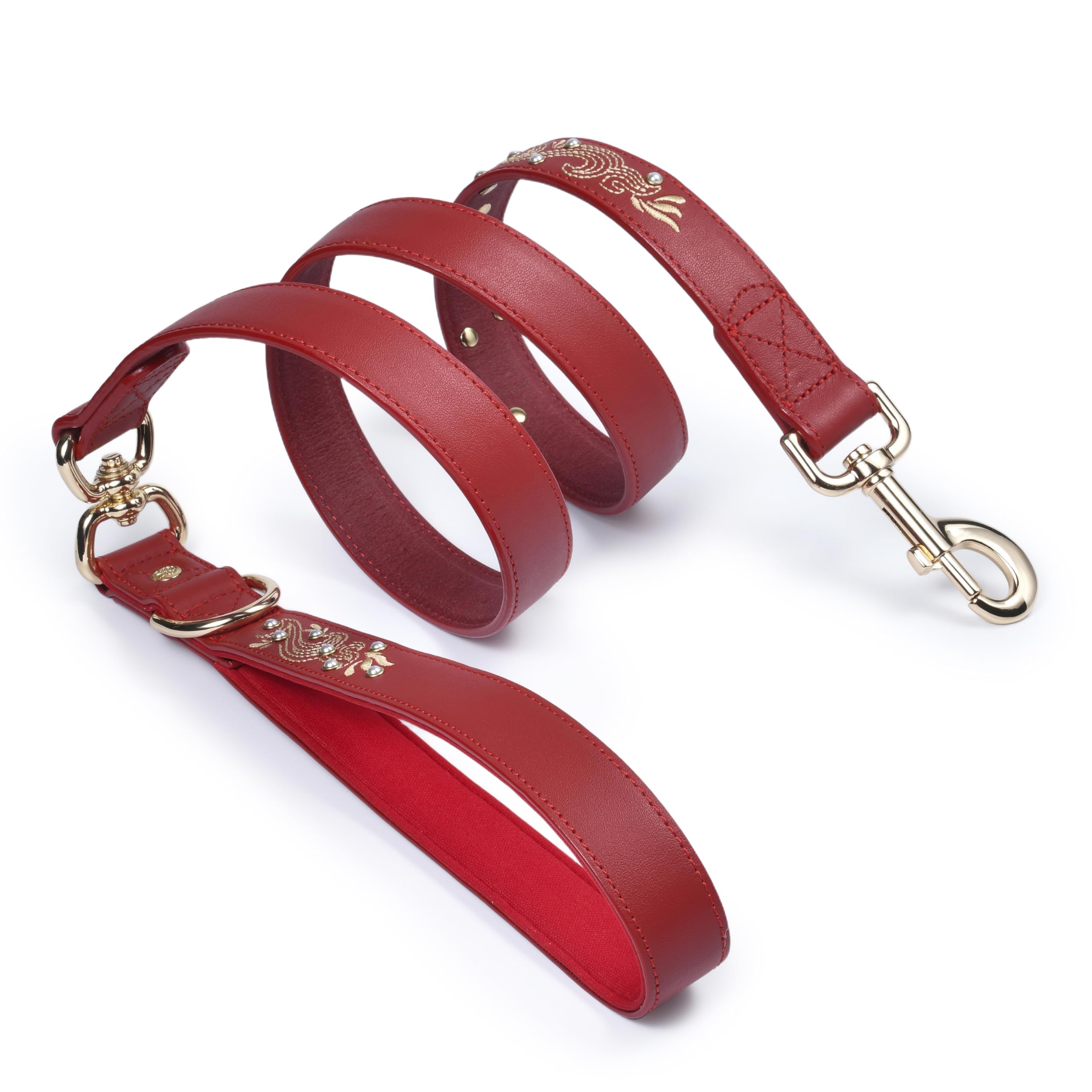 Laisse Blueberry Pet en cuir rouge avec broderie baroque dorée, élégante et durable.