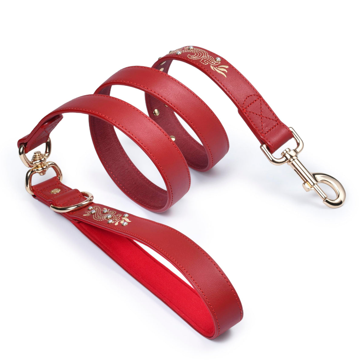 Laisse Blueberry Pet en cuir rouge avec broderie baroque dorée, élégante et durable.
