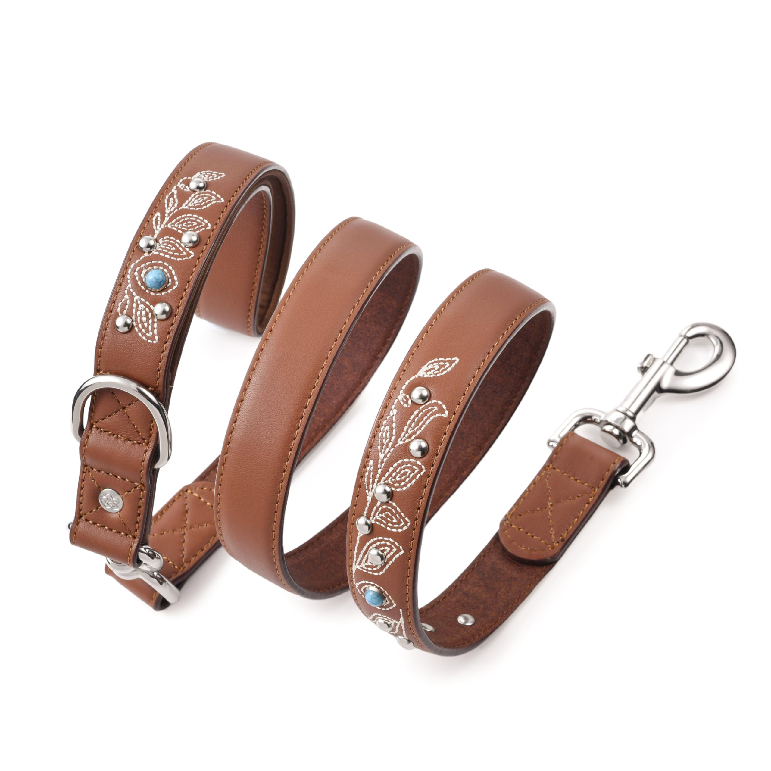 Blueberry Pet laisse western cuir brun avec mousquet robuste et verrouillable.