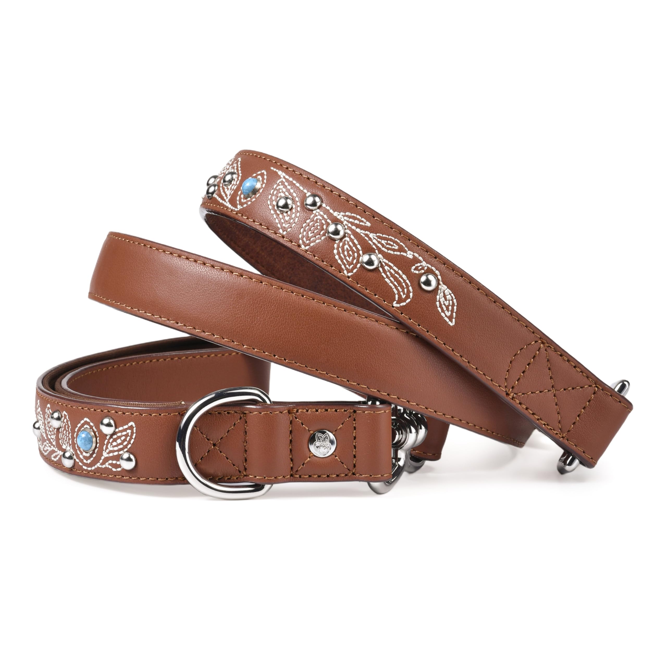 Blueberry Pet laisse western cuir brun avec rotation 360° anti-enroulement.