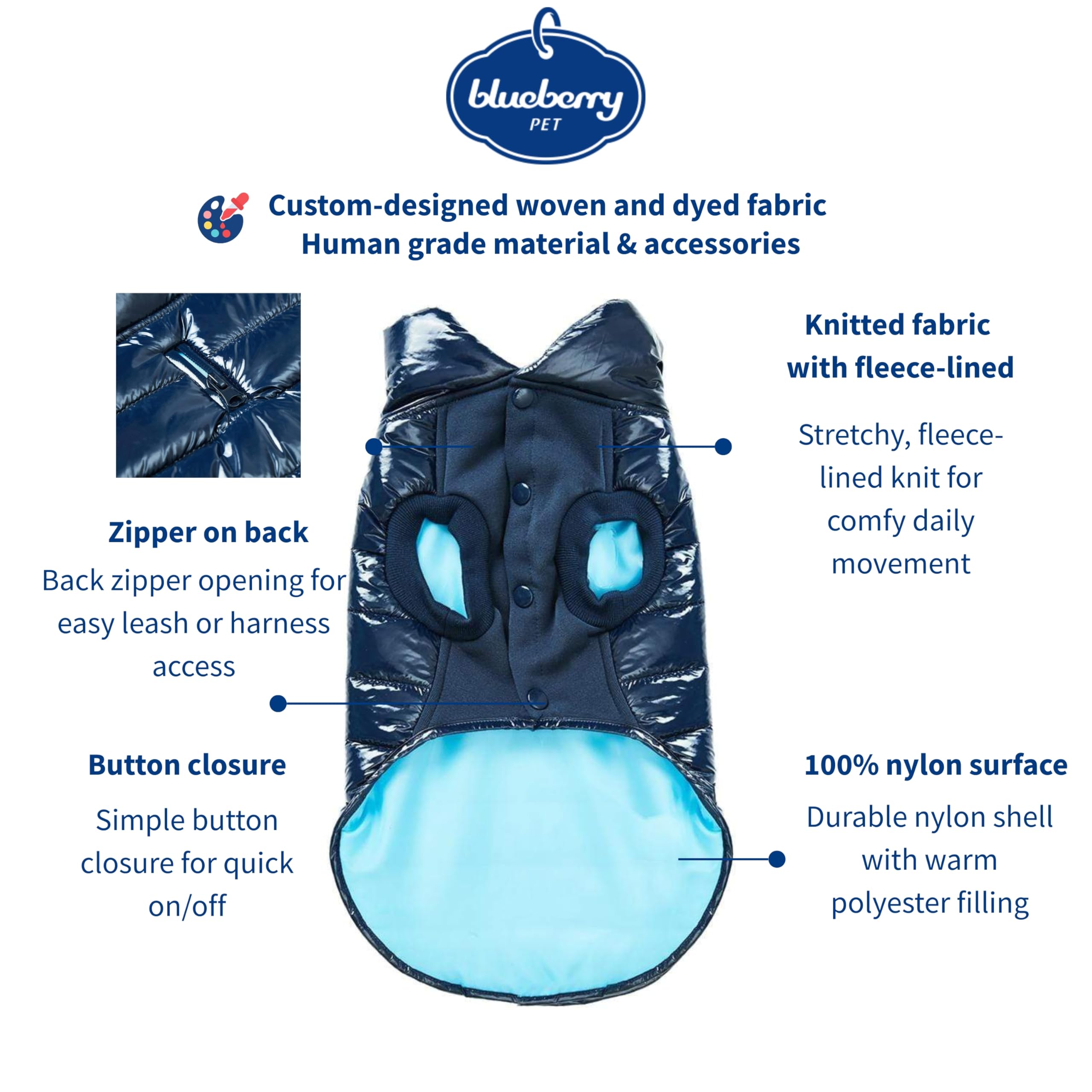 Blueberry Pet manteau puffer bleu marine, col haut pour protection contre le vent.
