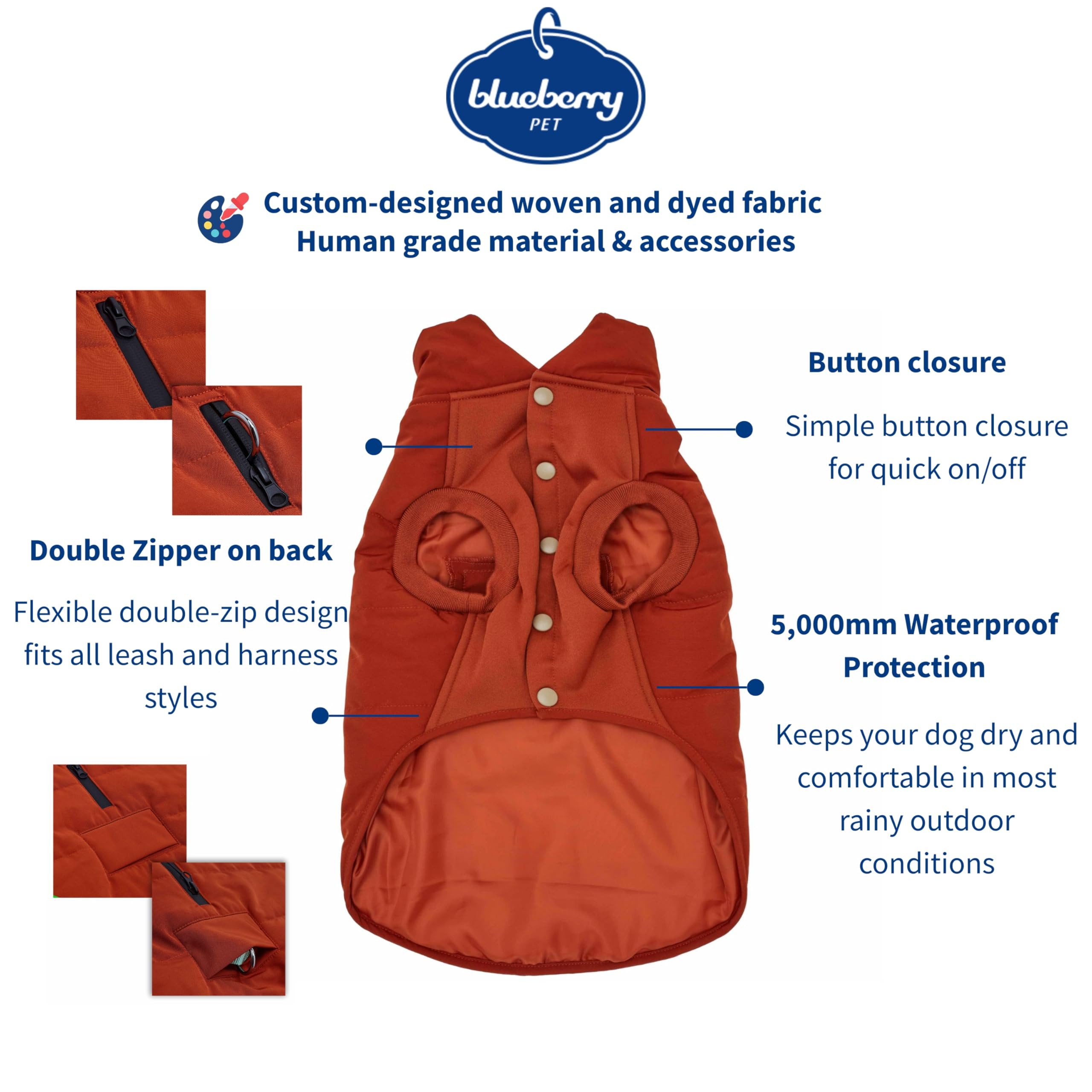 Protection imperméable Blueberry Pet, hydrostatique 5000 mm pour sorties tout temps.
