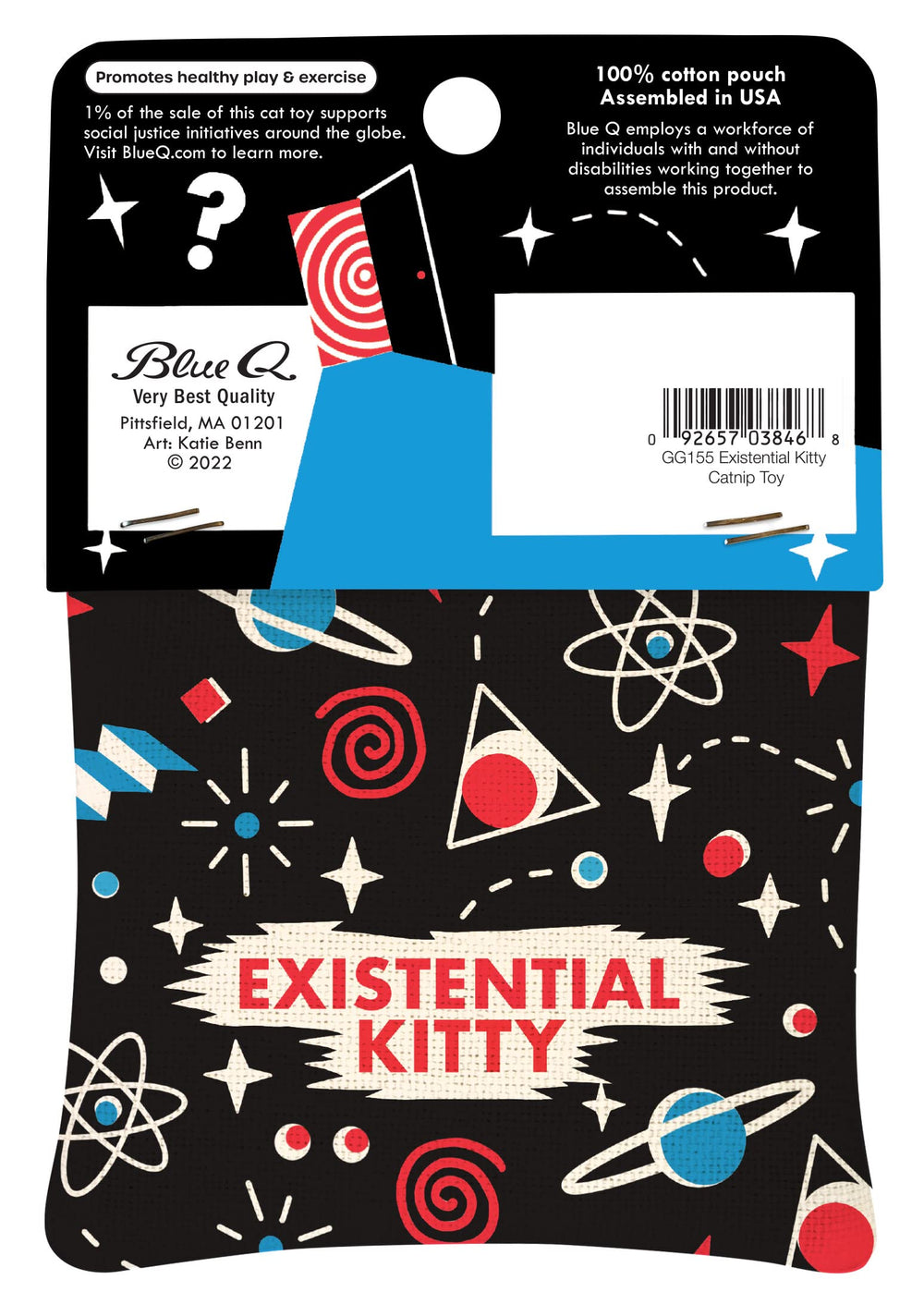 Blue Q Existential Kitty avec motif sérigraphié sur le dos, divertissement durable pour chats.