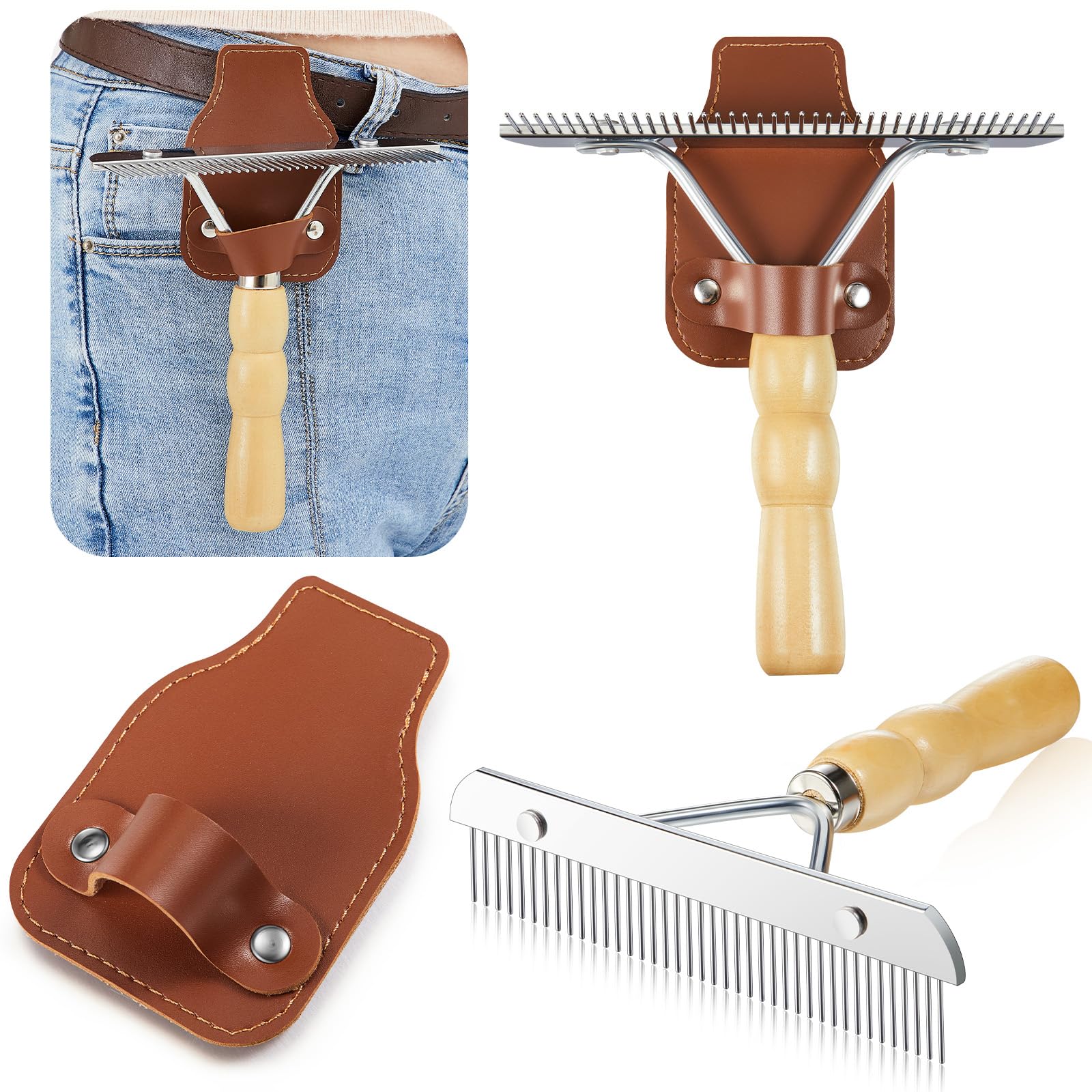 Ensemble Blulu avec brosse-demo et manche en bois pour toilettage confortable.