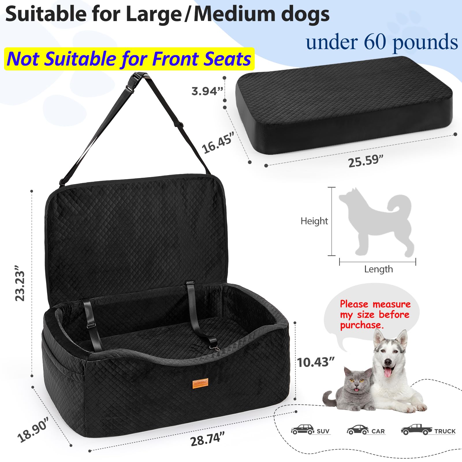 BLVRYVIO siège-auto chien avec poches latérales pour accessoires