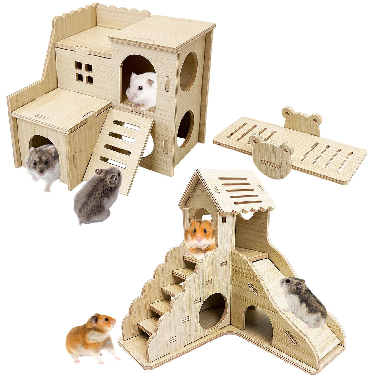 BNOSDM Maison hamster bois double niveau, espace sûr pour se cacher et explorer.