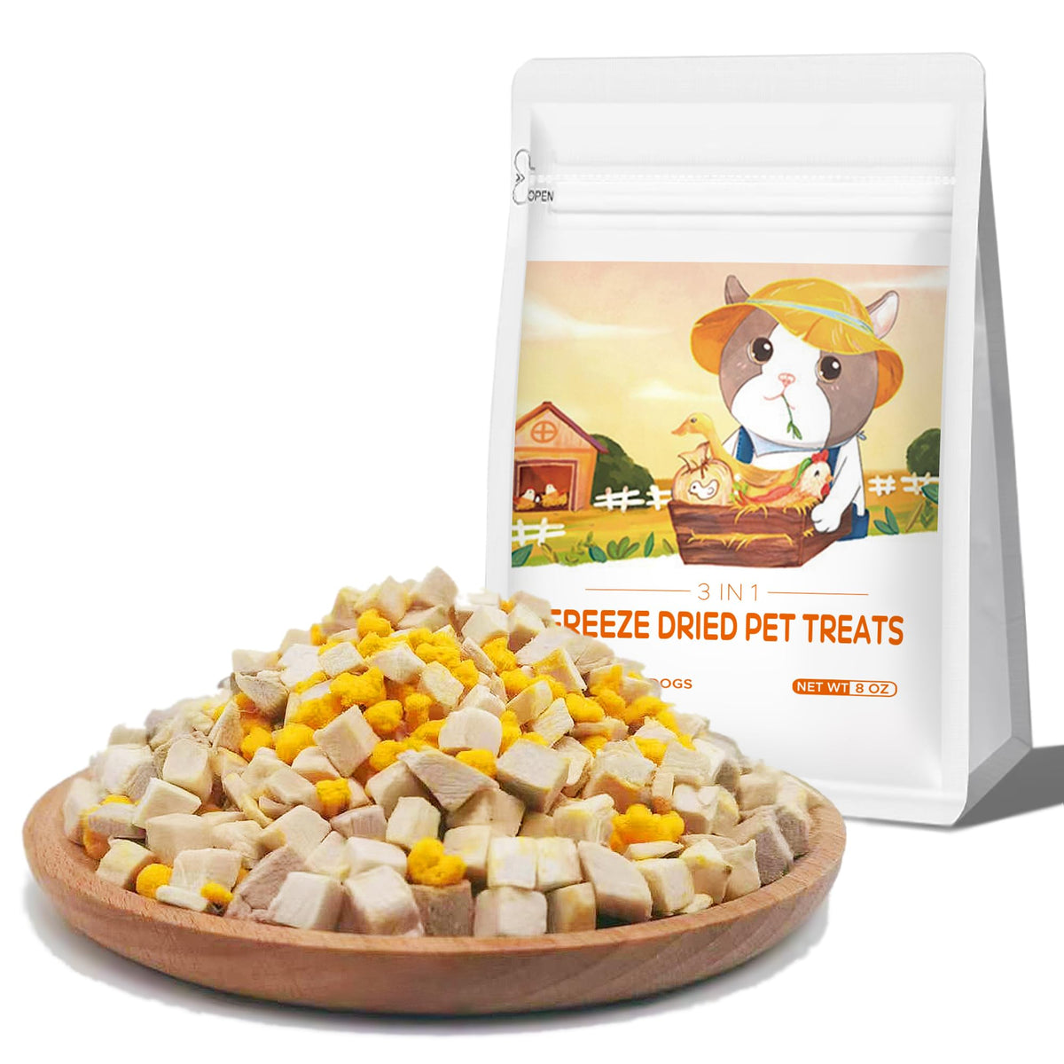 BNYEE 3-en-1 poulet, canard et jaune d'œuf, friandises lyophilisées emballage portable.
