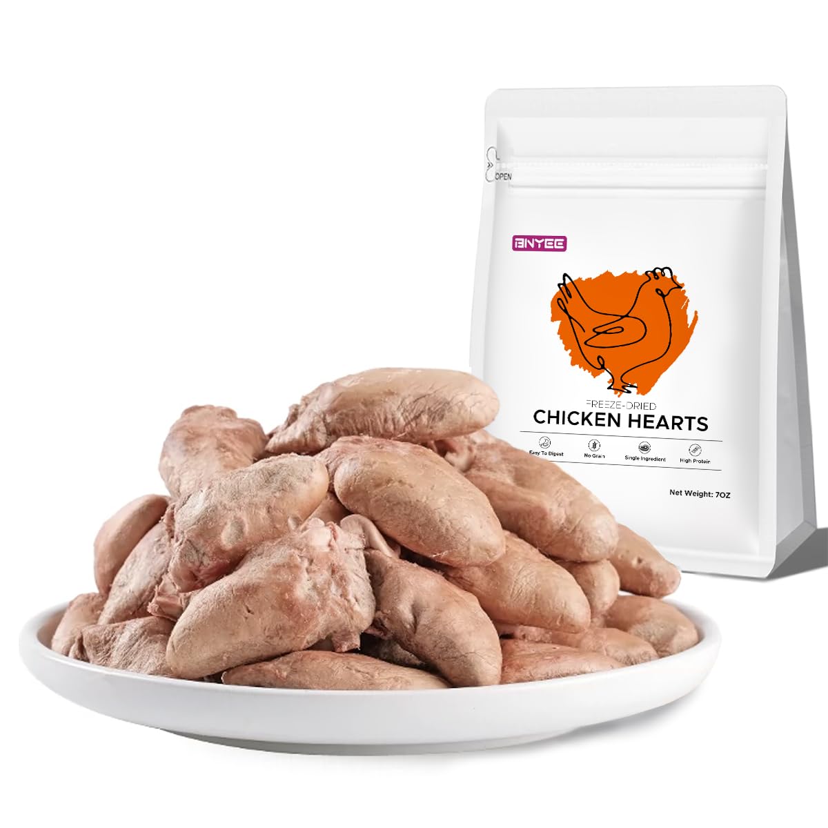BNYEE Cœurs de poulet lyophilisés 7oz – emballage pratique pour friandises quotidiennes.