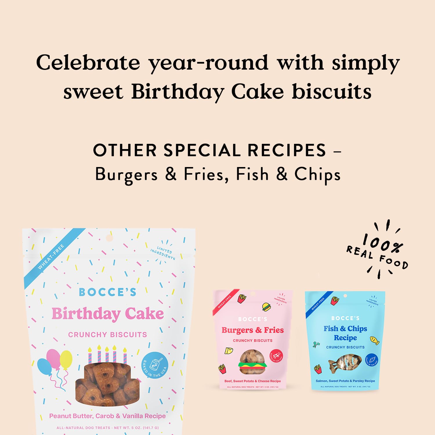 Bocce's Bakery biscuits-anniversaire-chien, fabriqué aux États‑Unis avec ingrédients locaux.