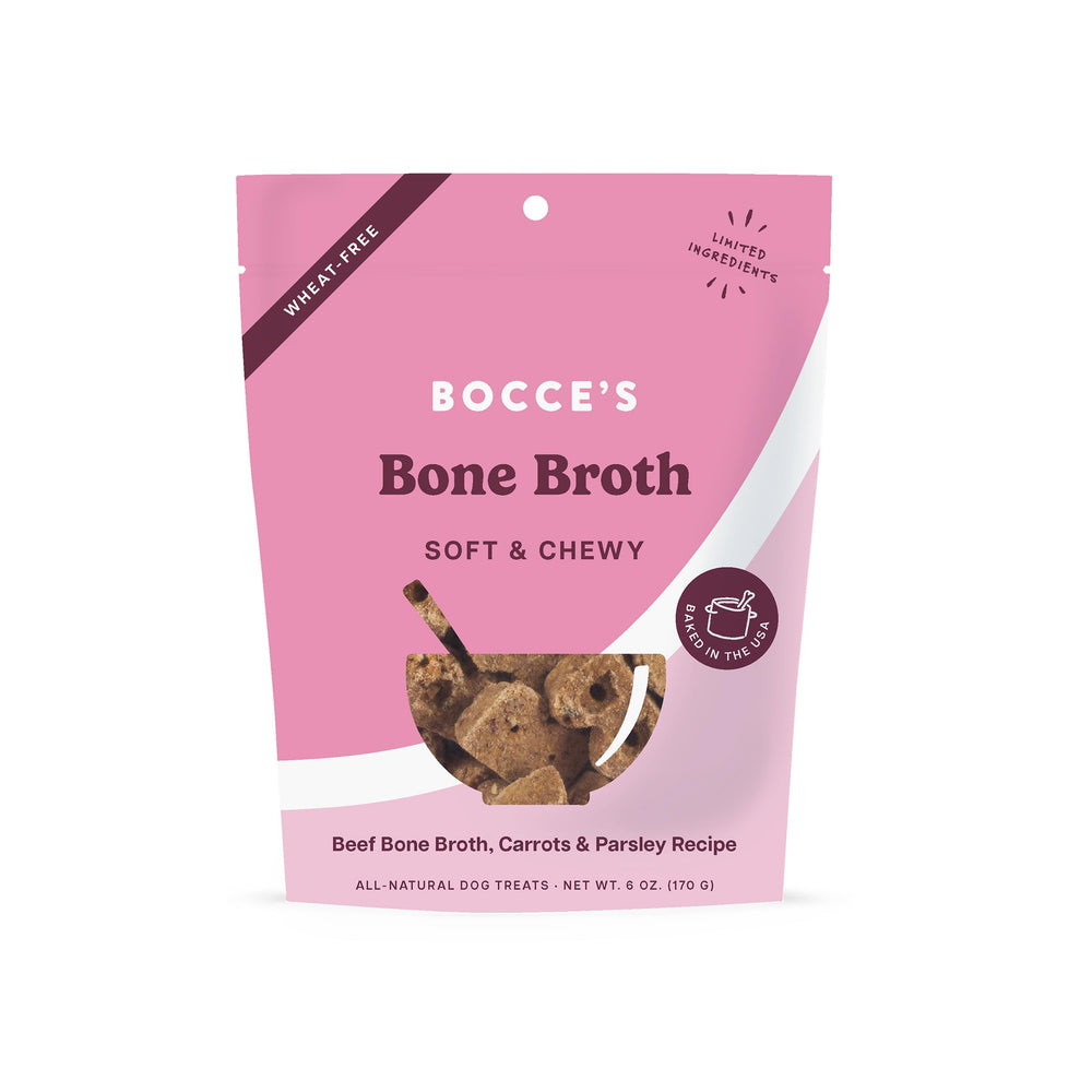 Friandises Bocce’s Bakery au bouillon d’os, texture douce parfaite pour chiens sensibles.