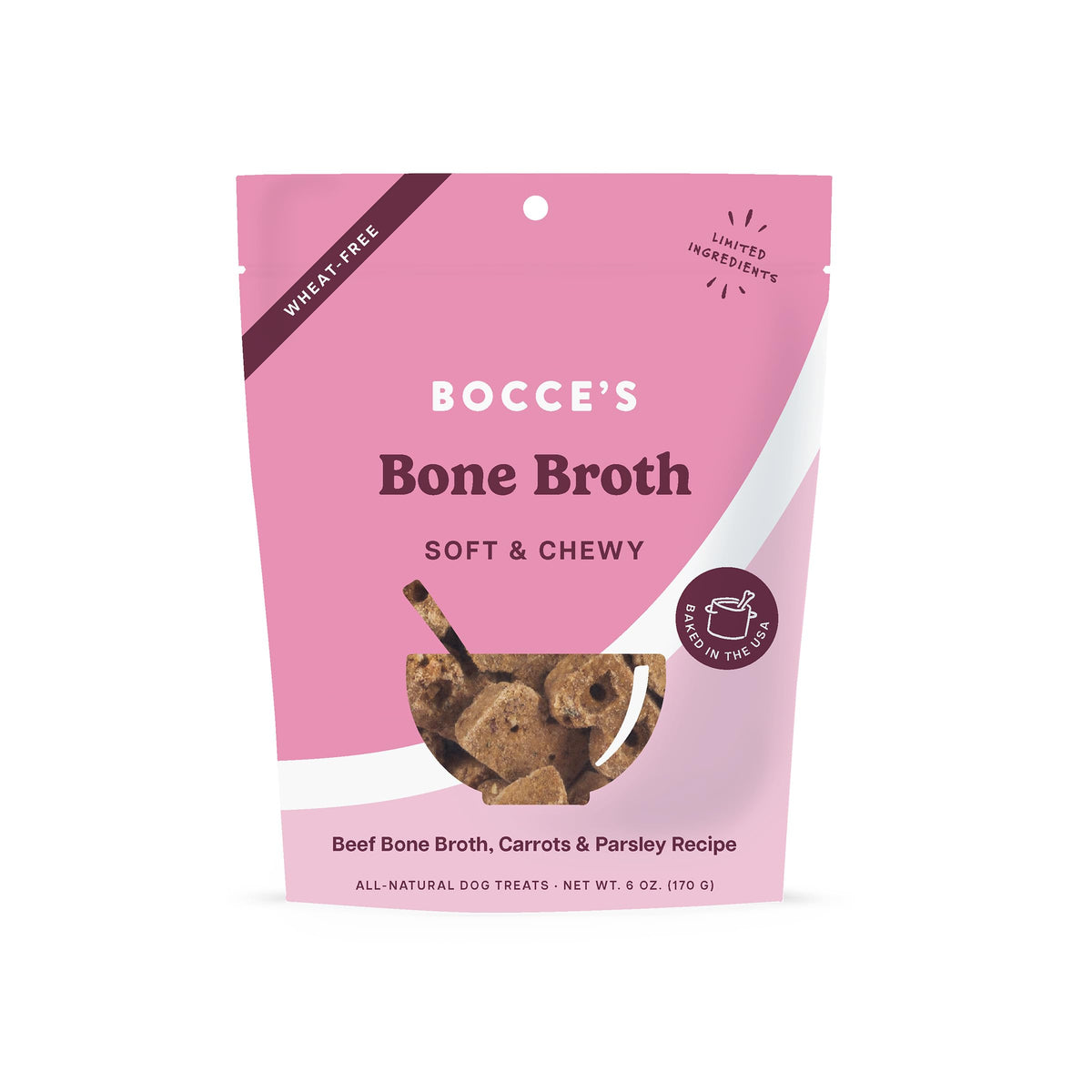 Friandises Bocce’s Bakery au bouillon d’os, texture douce parfaite pour chiens sensibles.