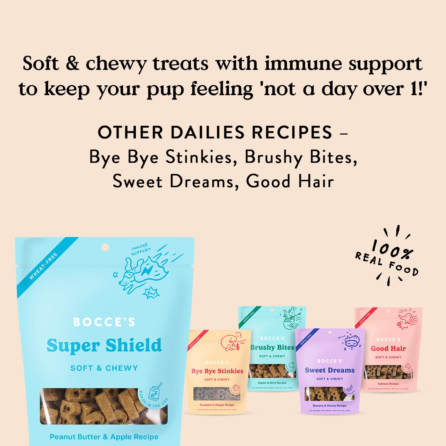 Goût beurre de cacahuète et pomme, friandises Dailies Shield pour chien actif
