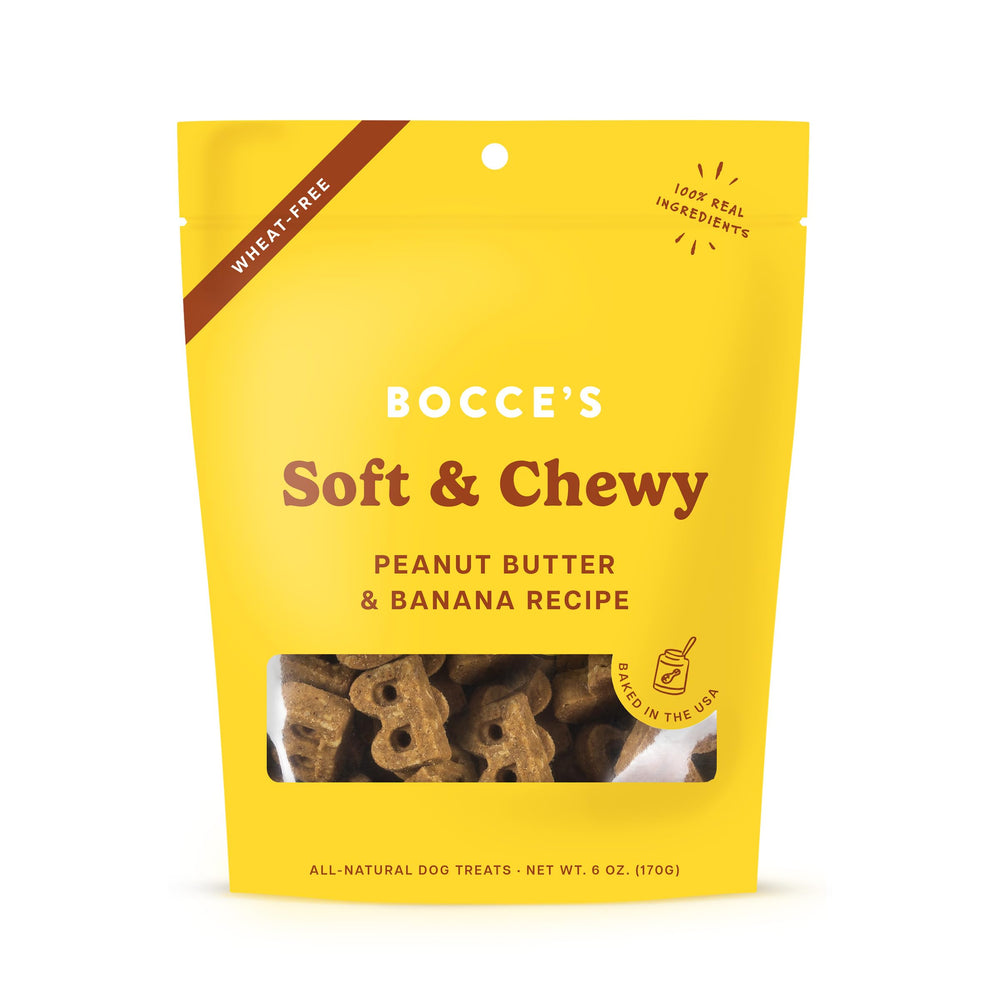 Friandises Bocce's Bakery moelleuses au beurre d'arachide et banane pour chien, texture agréable.