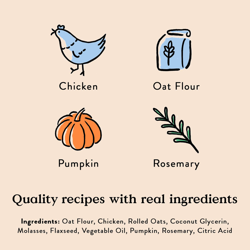 Ingrédients naturels au poulet Bocce's Bakery sans blé pour palais sensibles.