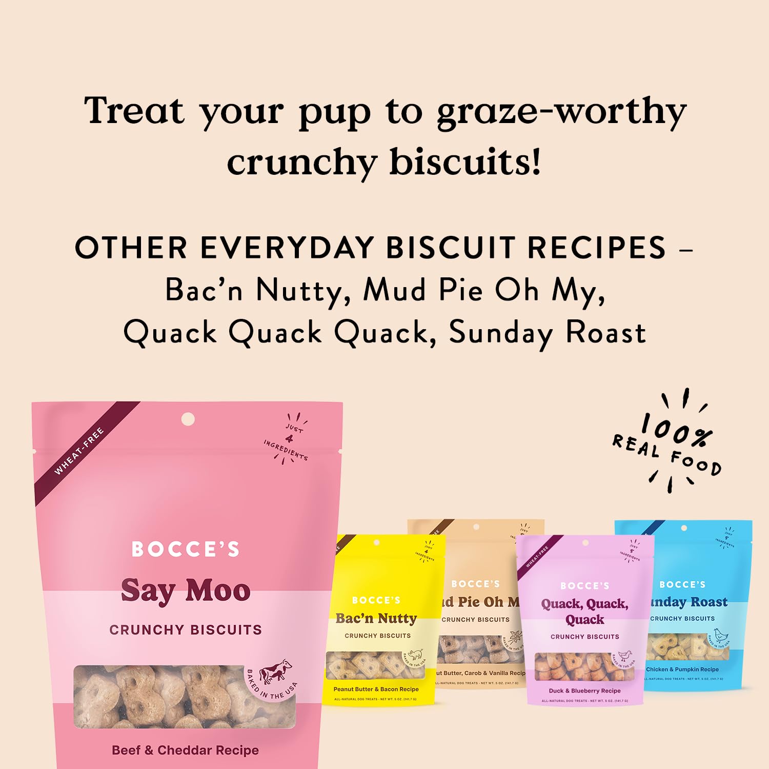 Bocce’s Bakery Say Moo ingrédients simples utilisés dans une recette légère.