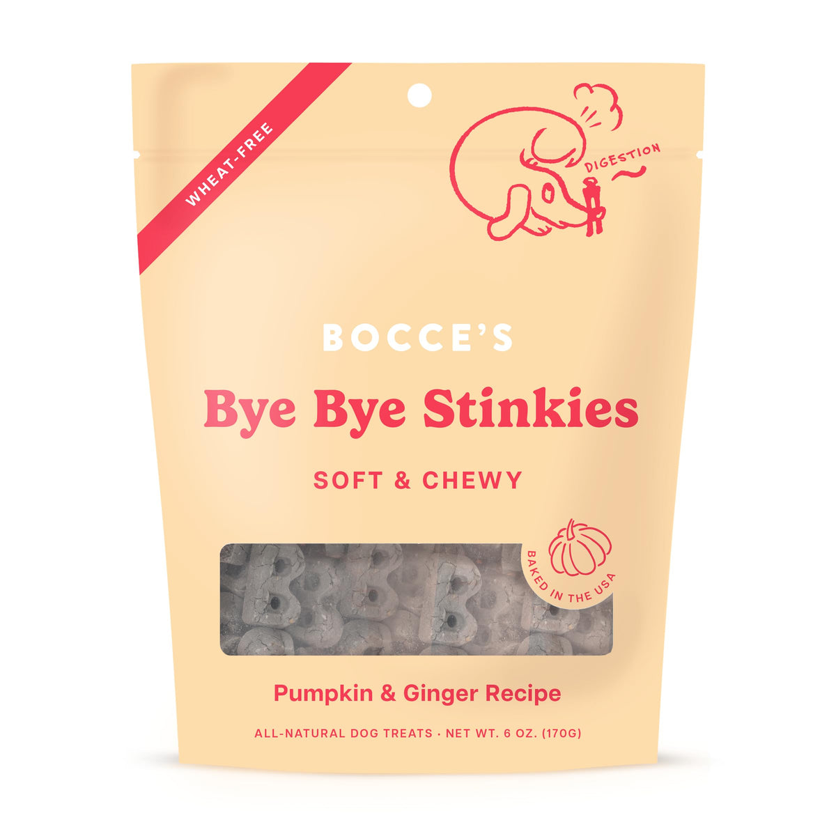Friandises Bocce's Bakery soutiens digestifs pour chien avec citrouille et gingembre, bouchée moelleuse.