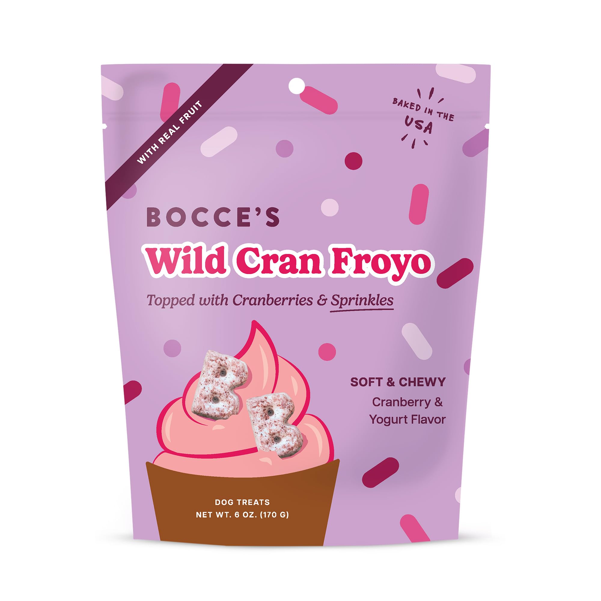 Friandise Bocce's Bakery Wild Cran Froyo garnie de canneberges et fruits réels, parfaite pour chien.