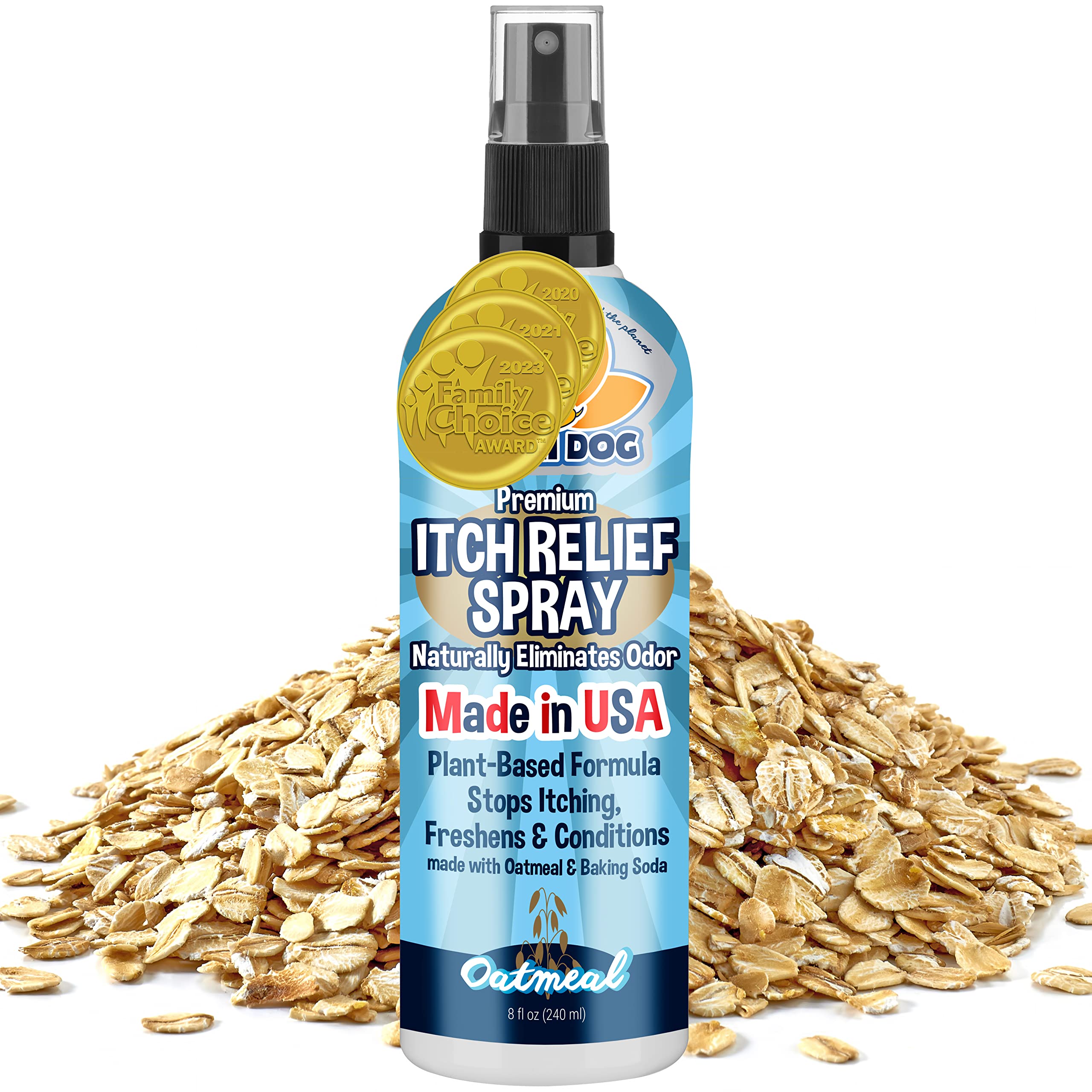 Bodhi Dog Itch Relief Spray apaisant-avoine sur la bouteille.