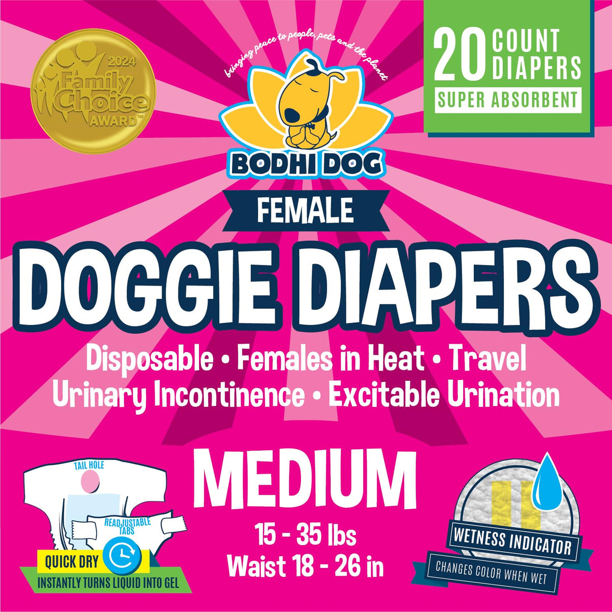 Couches Bodhi Dog pour chienne femelle, absorption élevée et confort.