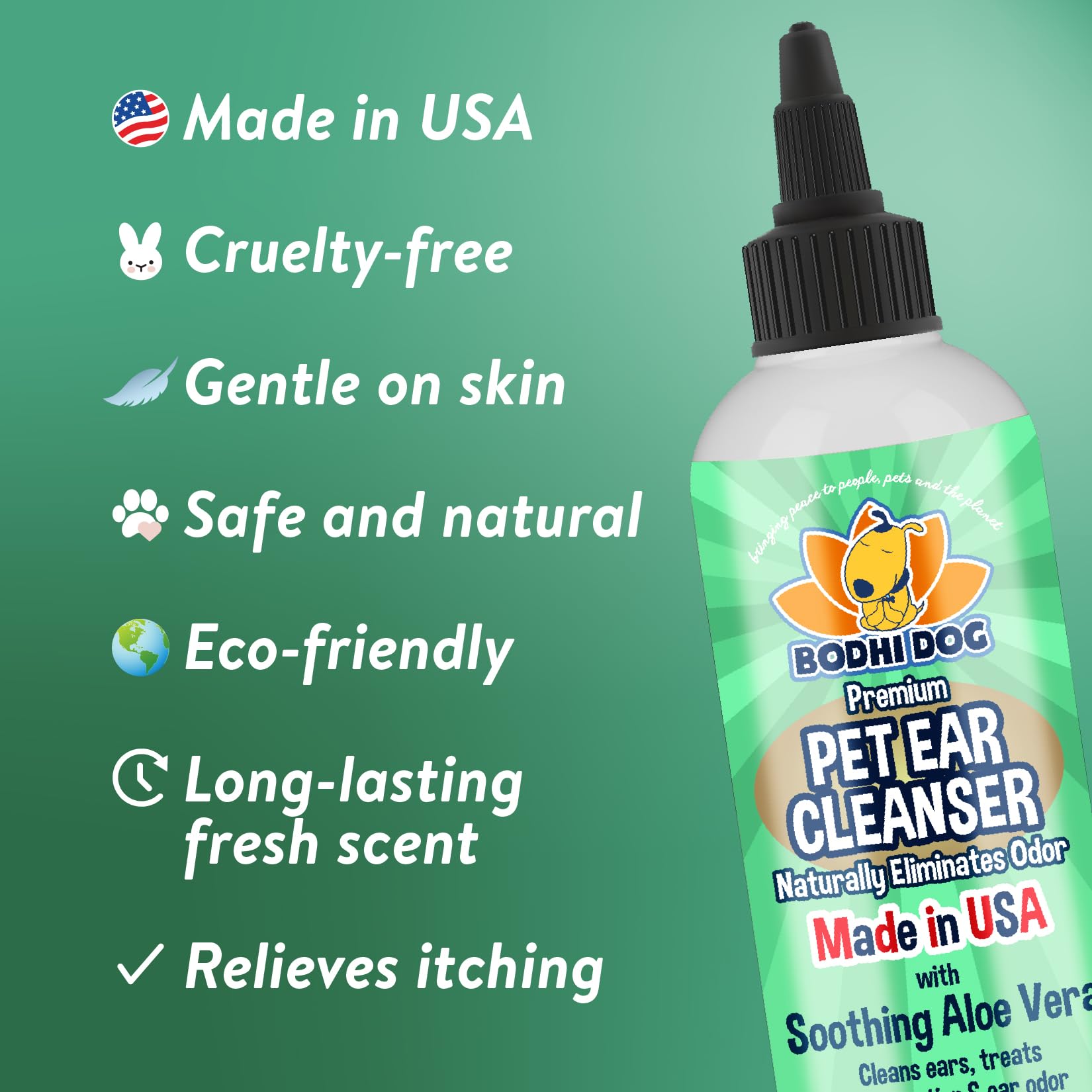 Emballage Bodhi Dog Ear Cleaner fabriqué aux États‑Unis et suivi qualité.