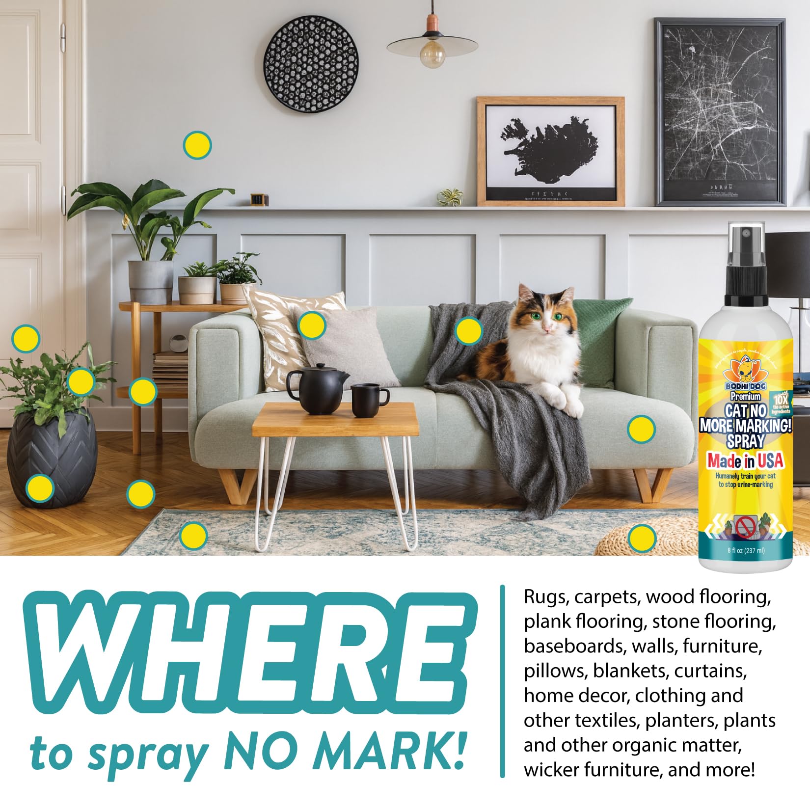 Cat No More Marking! Spray affiche Made in USA et engagement éthique.
