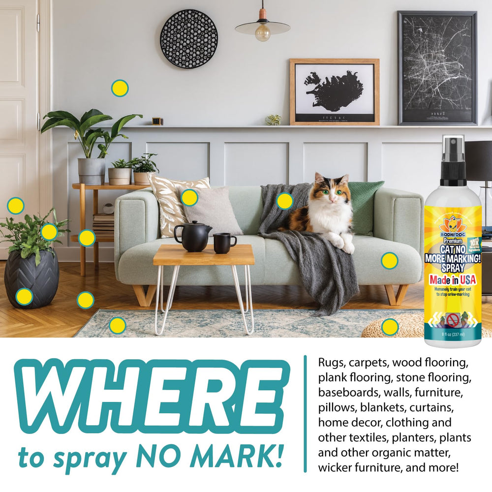 Cat No More Marking! Spray affiche Made in USA et engagement éthique.