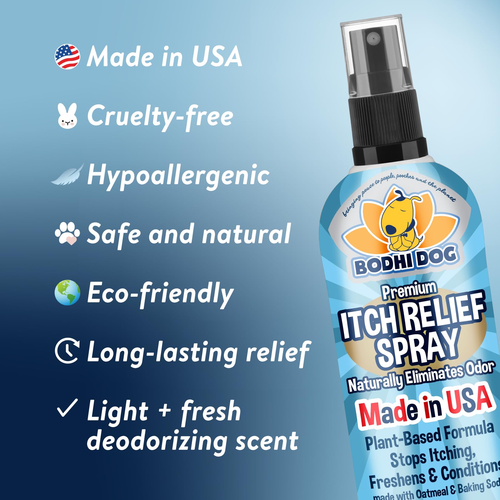 Bodhi Dog Itch Relief Spray formule sans alcool présentée sur la bouteille.