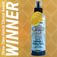 Bodhi Dog Itch Relief Spray mise en valeur des ingrédients avoine et vitamines.