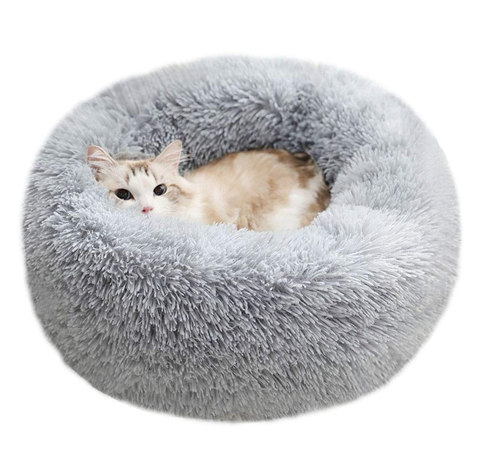 Lit rond BODISEINT en peluche gris clair, ultra-confortable pour chats et petits chiens.