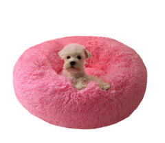 Lit Bodiseint rond en peluche rose, donuts parfait pour chats et petits chiens.