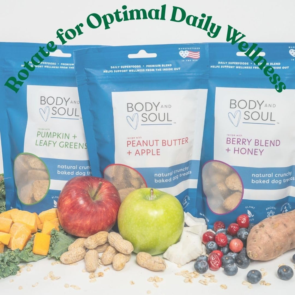 Body and Soul biscuits cuits au four, fabriqués aux États‑Unis avec transparence et qualité.