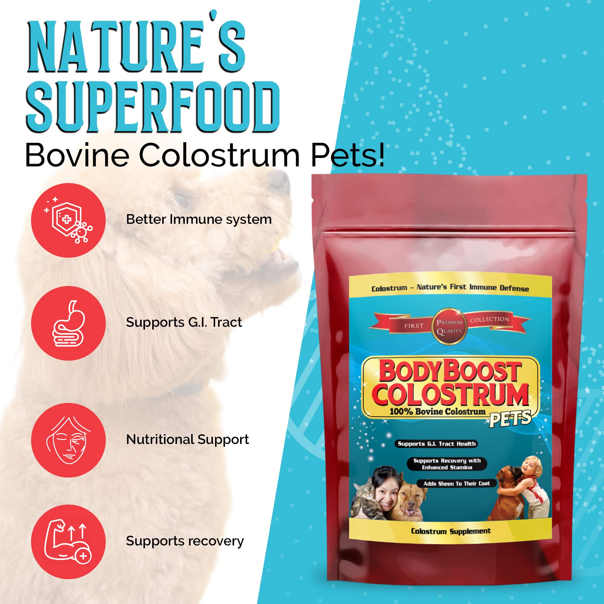 BodyBoost Colostrum Bovin bouteille: emballage bio prêt à l’emploi.