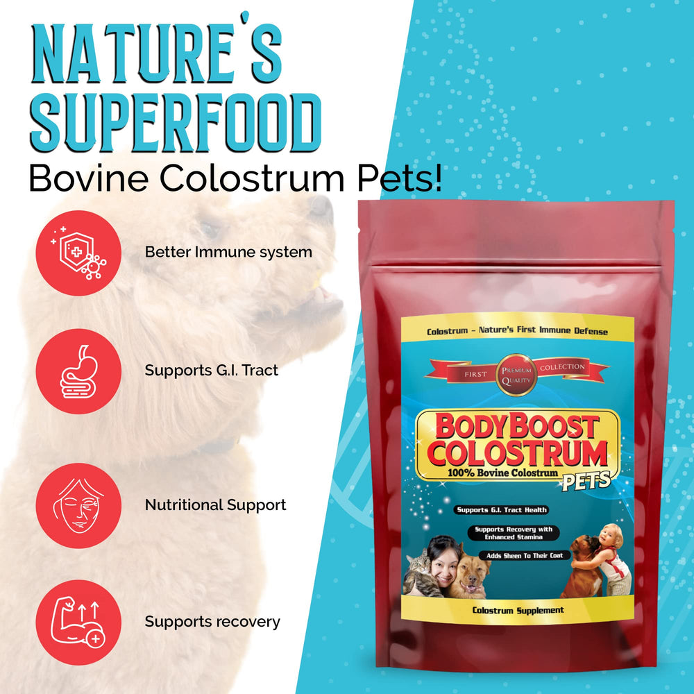 BodyBoost Colostrum Bovin bouteille: emballage bio prêt à l’emploi.