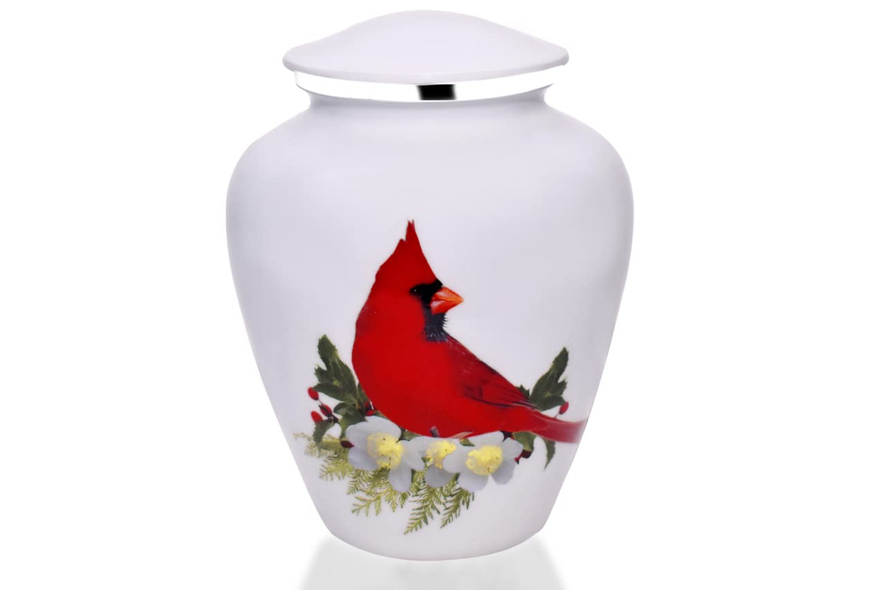 Urne Bold & Divine pour adultes, cardinal rouge, détail gravé, texture lumineuse et durable pour un héritage durable.