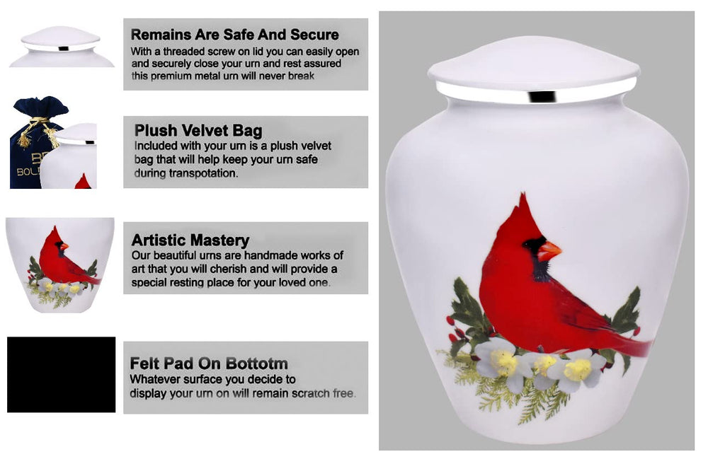 Urne Bold & Divine pour adultes, cardinal rouge, détail texture métal, surface brillante et moderne pour l'attrait visuel.