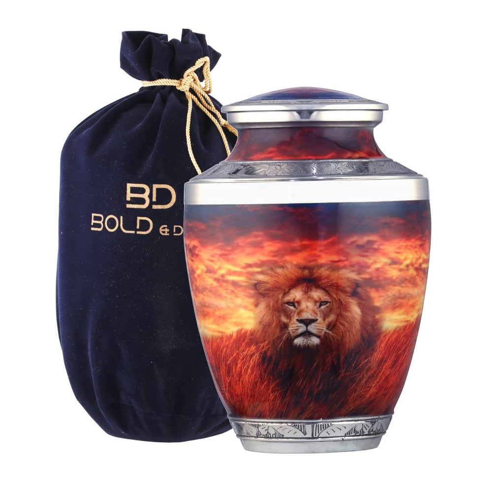 BOLD & DIVINE Urne Lion: vue de face, élégante et durable pour les hommages.