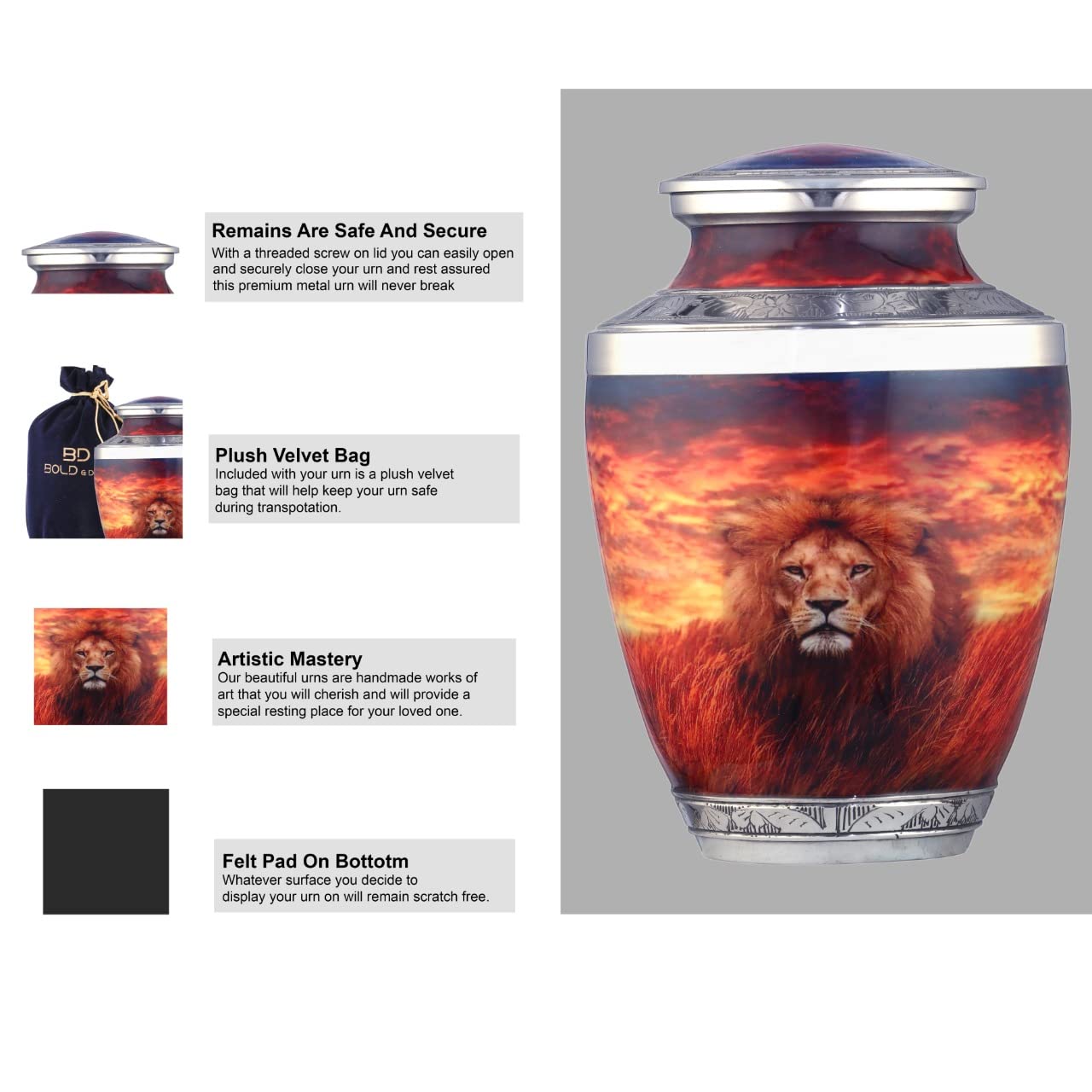 BOLD & DIVINE Urne Lion: design élégant qui s'intègre à tout espace commémoratif.
