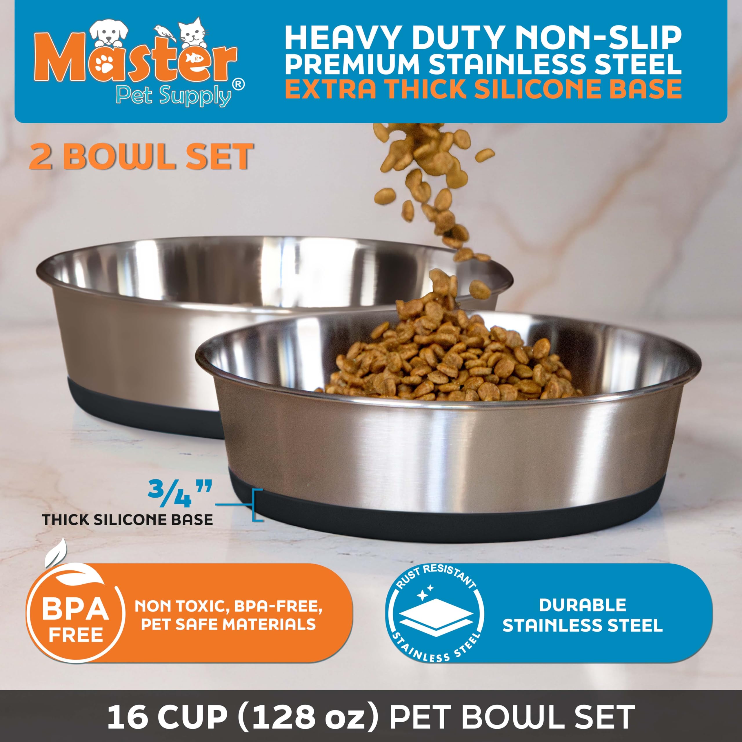 Bol inox Master Pet Supply lavable au lave-vaisselle, durable et sans BPA.