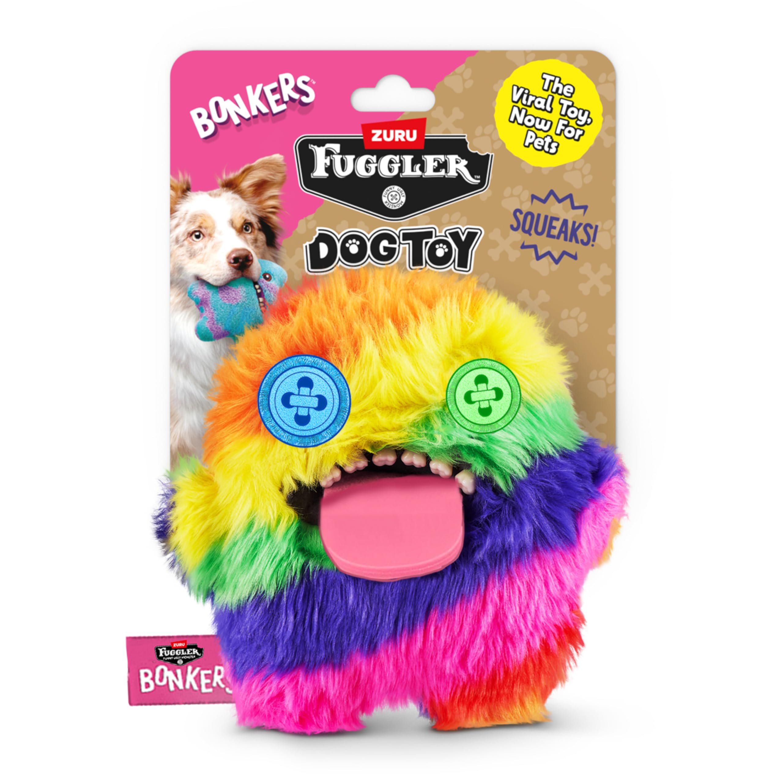 Bonkers Fuggler Oogah Boogah face multicolore, stimulation ludique pour chien.