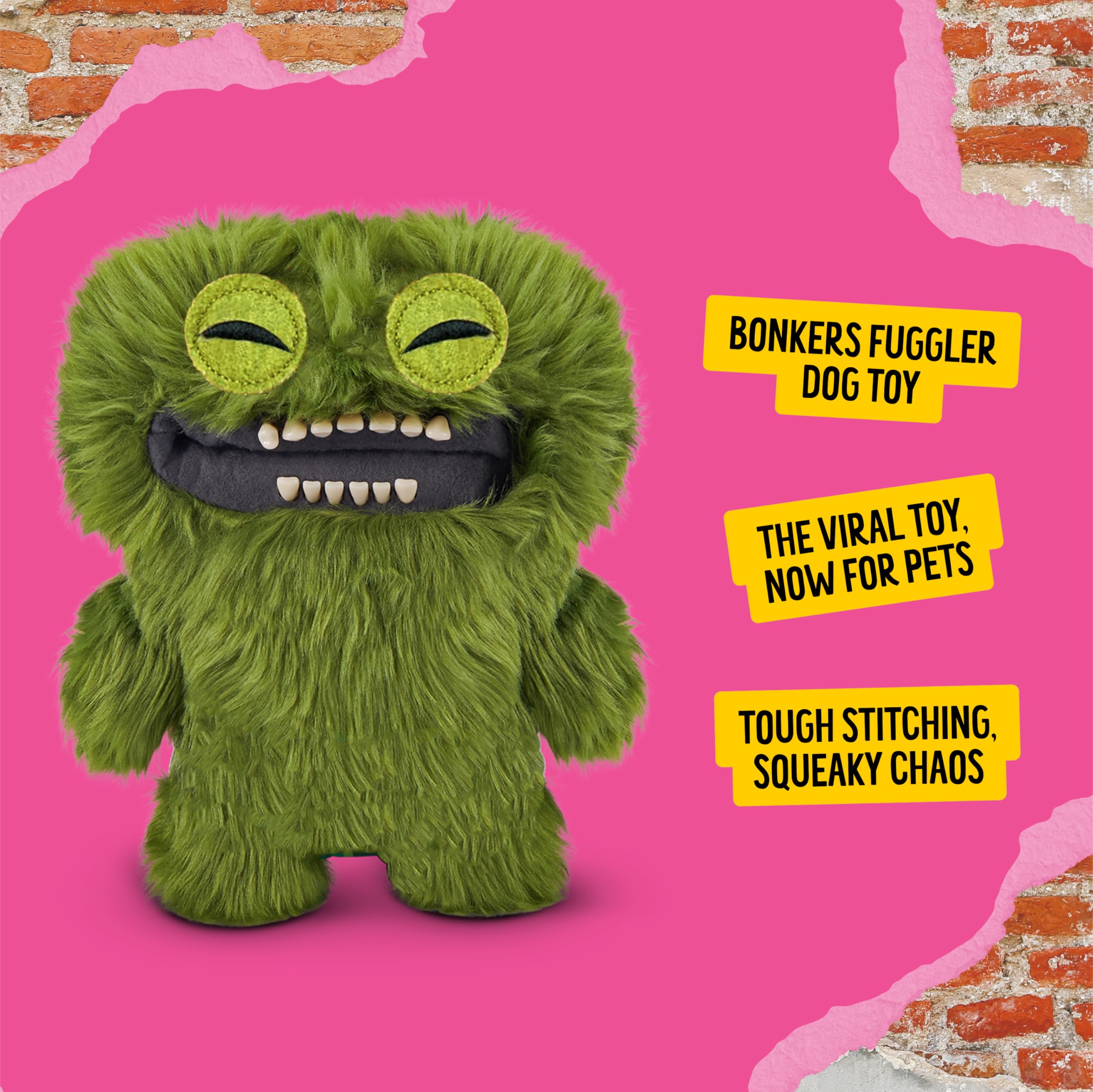 Jouet pour chien Bonkers Fugglers Mcgoo vert durable, parfait pour mordiller et tirer.