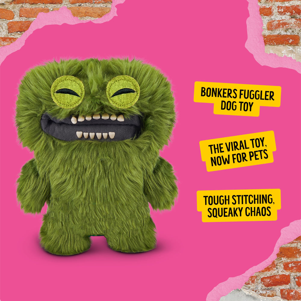 Jouet pour chien Bonkers Fugglers Mcgoo vert durable, parfait pour mordiller et tirer.